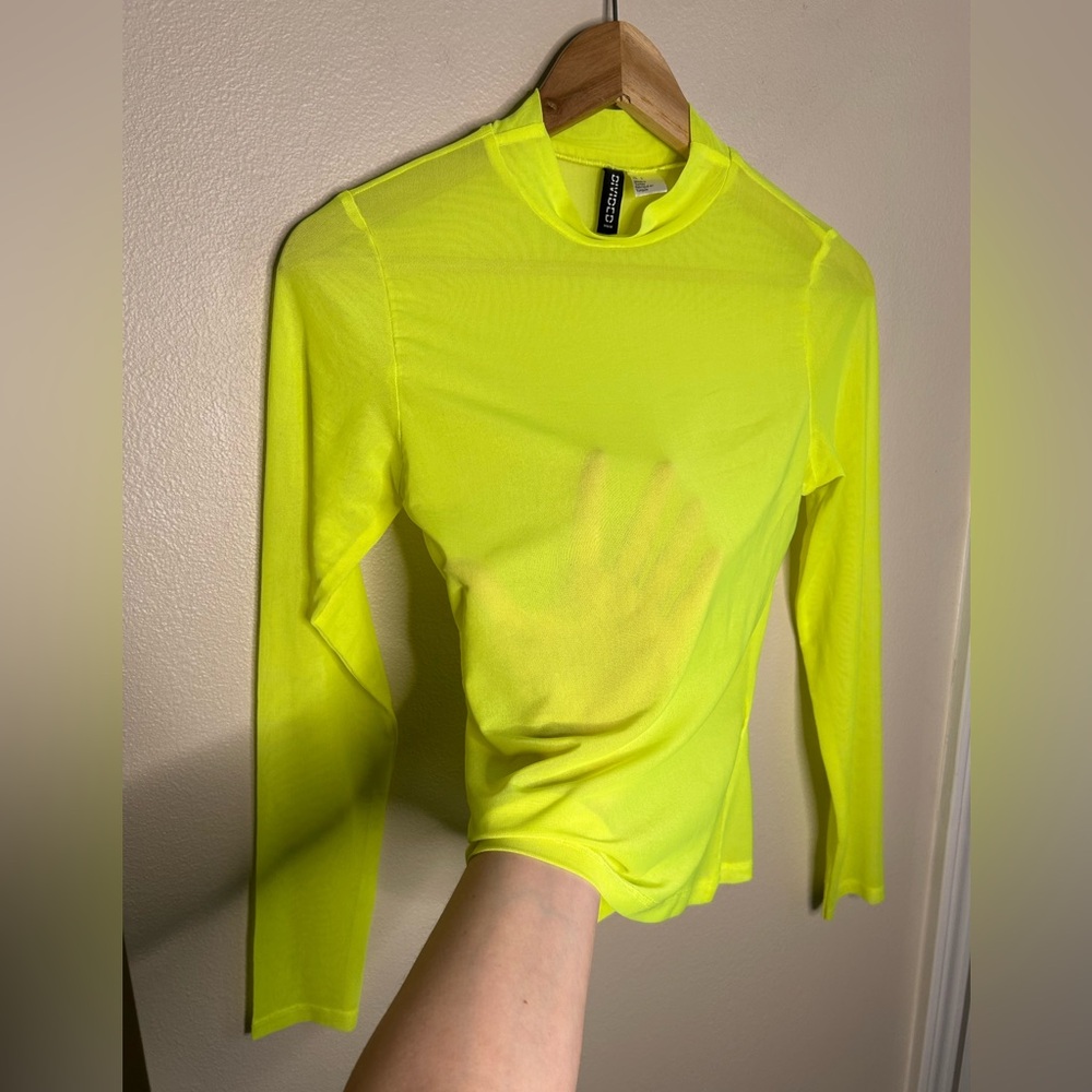 H&M Divided Neon Yellow Fitted Mock Neck Mesh Long Sleeve Top Size S - Picture 5 of 7